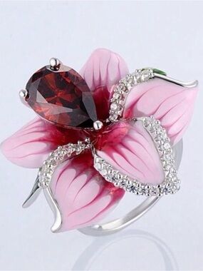 Pink Floral Crystal Cocktail Ring with Garnet Center 7